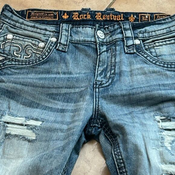 Rock Revival Fermin Jeans Mens 34x31 Blue Denin Distressed Leather Patch Stitch - Picture 5 of 16